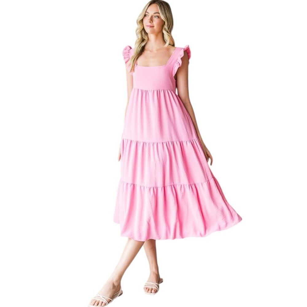 Pink Ruffled Sleeveless Tiered Midi Dress NWT | Reborn J - Picture 4 of 9